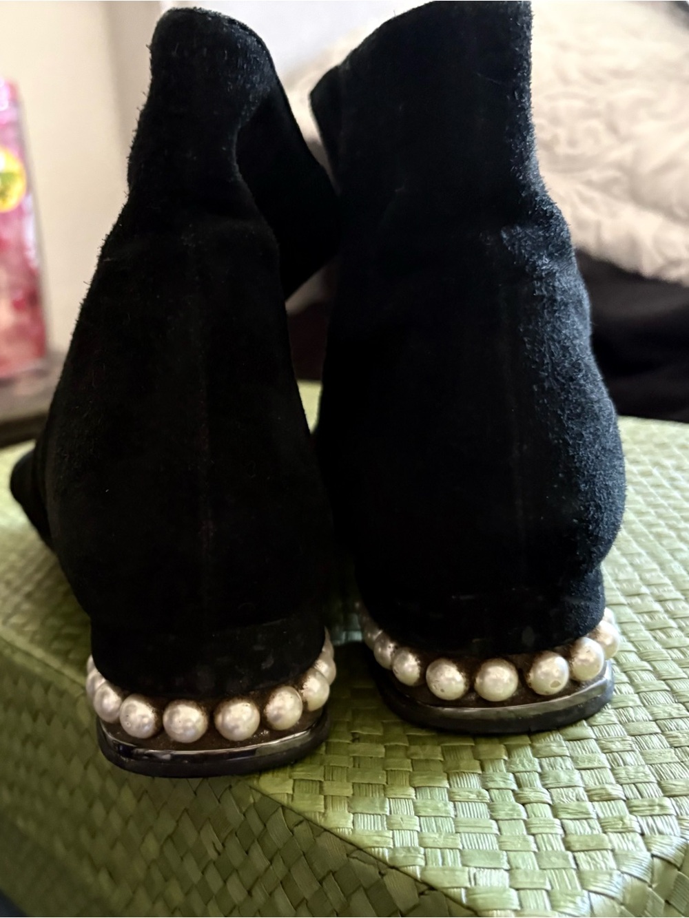Sole Society Black Suede Ankle Boots with Pearl Heel Trim